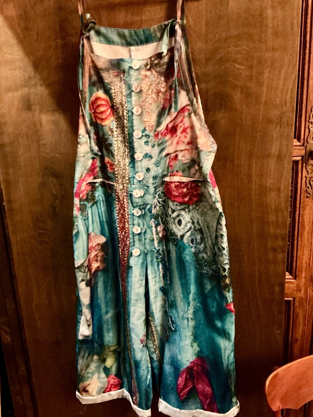 Teal Floral Print Strapy Jumpsuit with FAUX Button Front & FAUX  FRONT Pockets.